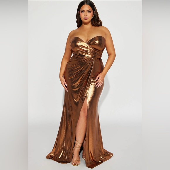 SOLD Fashion Nova Gold Gorgeous Sweetheart Neckline Copper Mermaid Dress - Picture 3 of 5